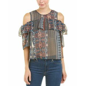 NWT $140 BCBG Max Azria Patchwork Cold Shoulder Crop Top Blouse SizeS Ruffles